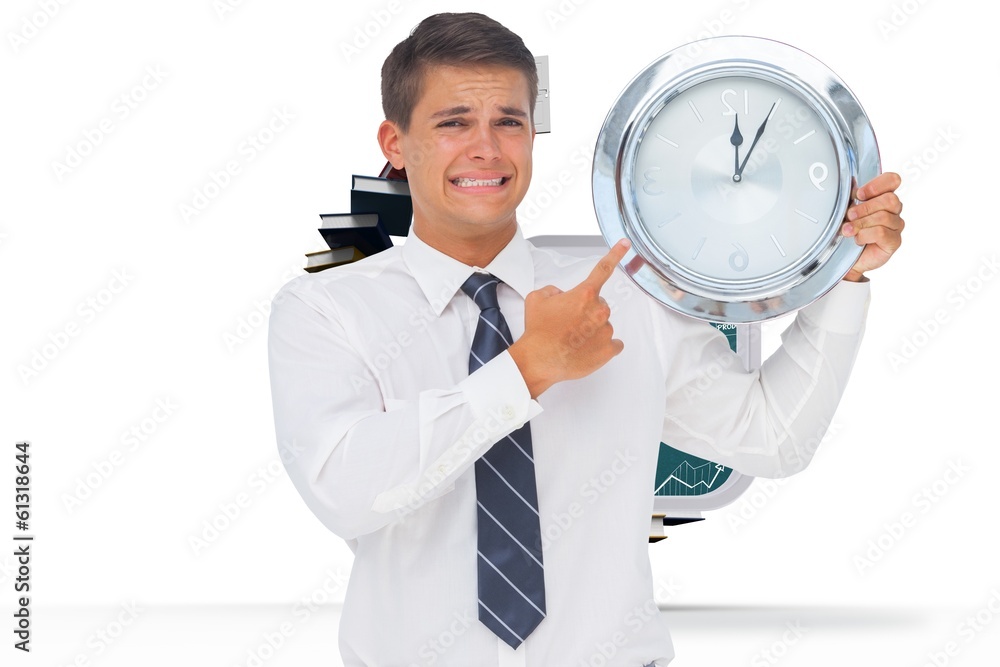 Poster composite image of anxious businessman holding and showing a