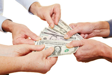 Many hands of senior people holding money