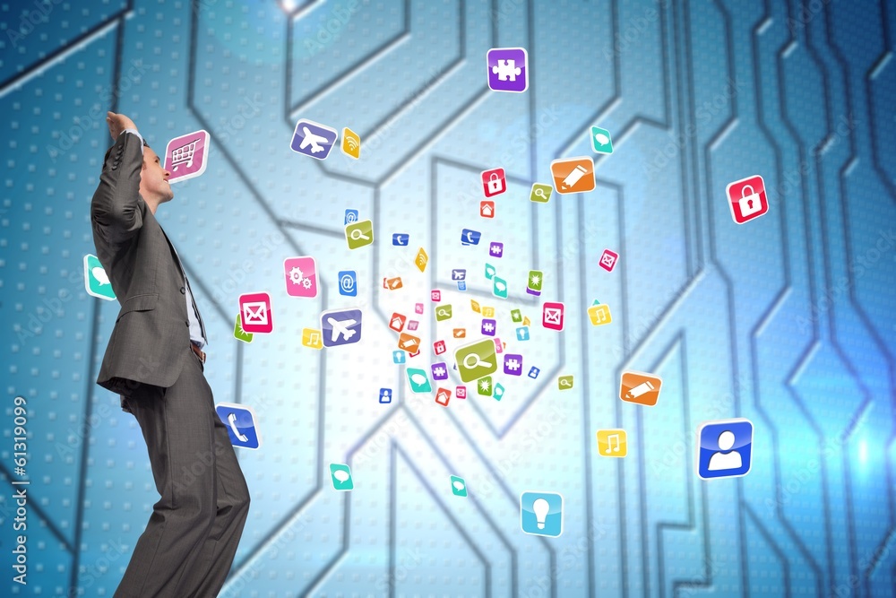 Poster composite image of businessman posing with hands up