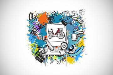 Composite image of life event doodles on paint splashes