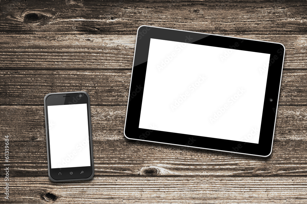 Poster black tablet computer and smart phone with isolated screens