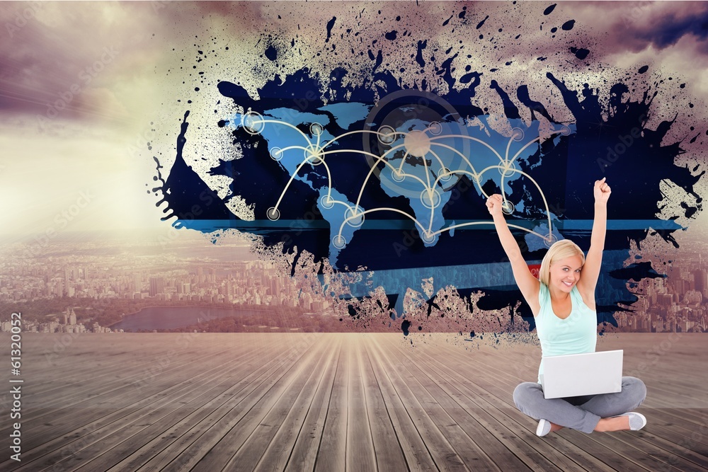 Poster composite image of joyful woman with a notebook