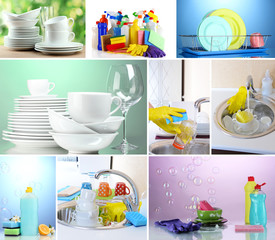 Collage of washing dishes, close-up