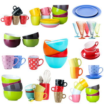 Collage of colorful  dishware isolated on white