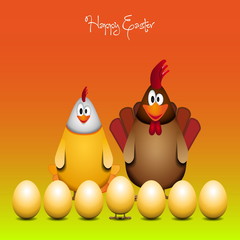 Happy Easter, Funny chicken family, vector card illustration