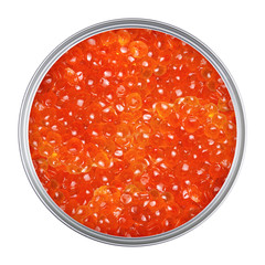 Red caviar in can on a white background