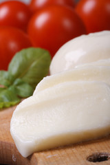 macro sliced ​​mozzarella with green basil. vertical