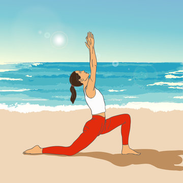 Girl in yoga's asana on the beach. Vector yoga illustration.