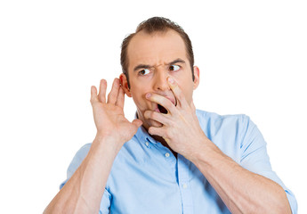Surprised, shocked man listening gossip conversation