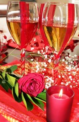 Valentine's Day  roses, candy and wine glasses