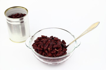 The bean in glass dish on the white background