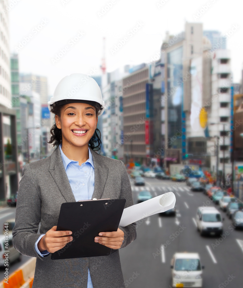 Poster businesswoman in white helmet with clipboard