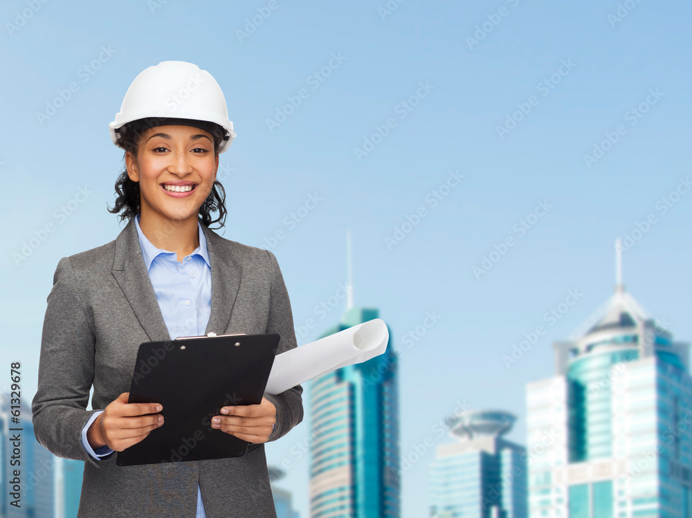 Poster businesswoman in white helmet with clipboard