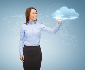 smiling businesswoman working with virtual screen