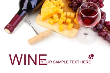 Zelfklevend Fotobehang Bottle of great wine with wineglass and cheese isolated on © Africa Studio