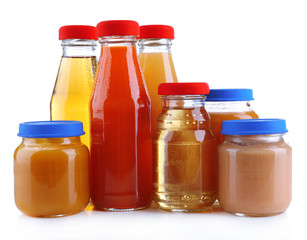 Baby food in glass jars, isolated on white