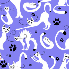 Seamless pattern with cute white cats