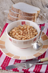 warm baked beans in a bowl
