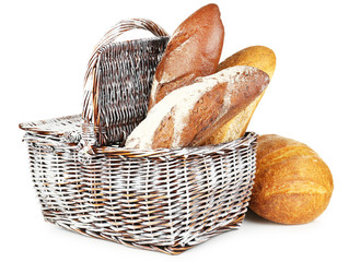 Composition with bread and rolls in wicker basket isolated