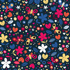 Naklejka premium cute butterflies, hearts and flowers pattern