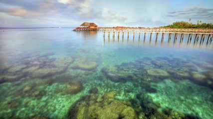 Long pier dan beautiful coral at Mabul Island