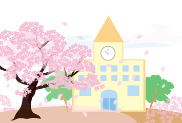 桜の木と学校の校舎の春のイラスト