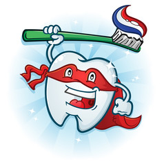 Dental Tooth Super Hero Mascot Cartoon Character with Toothbrush