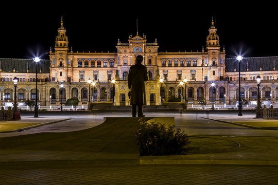 Spanish Square (Plaza de España) in Sevilla at night, Spain.