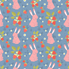 Cute rabbits and wild strawberries folk seamless pattern