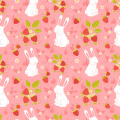 Cute rabbits and wild strawberries folk seamless pattern © Yuzach