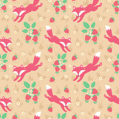 Cute foxes and strawberries folk seamless pattern