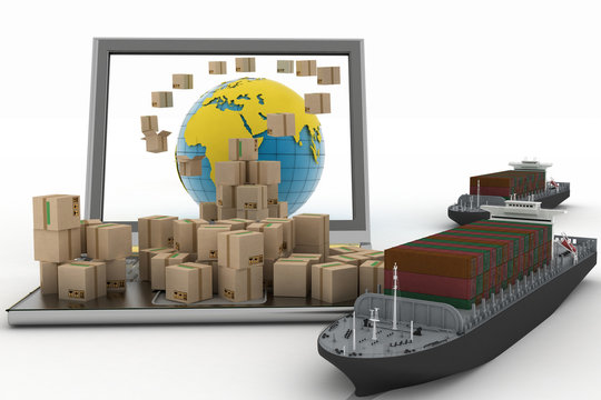 Cardboard boxes around globe on laptop and two cargo ships