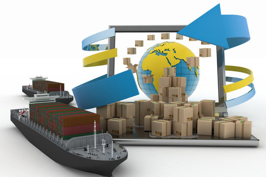 Cardboard boxes around globe on laptop and two cargo ships