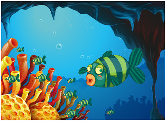 Fototapeta na wymiar A school of stripe-colored fishes under the sea