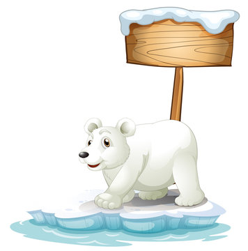 A white polar bear below the wooden signboard