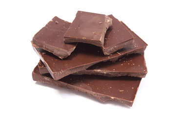 Closeup of dark chocolate pieces on white background