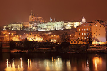 Fototapeta na wymiar Night romantic snowy Prague gothic Castle, Czech republic