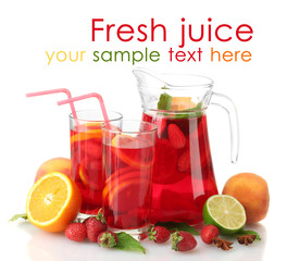 Sangria in jar and glasses with fruits, isolated on white