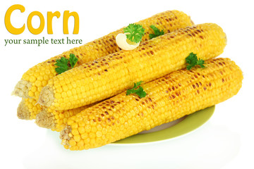 Delicious golden grilled corn with butter isolated on white