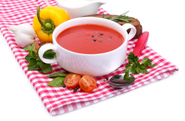 Obraz na płótnie Canvas Tasty tomato soup and vegetables, isolated on white