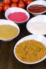 Various sauces on table close-up