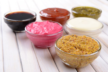 Various sauces on table close-up