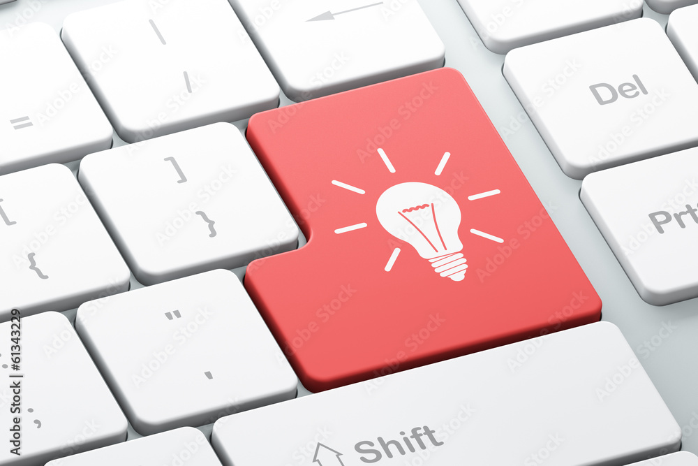 Poster business concept: light bulb on computer keyboard background