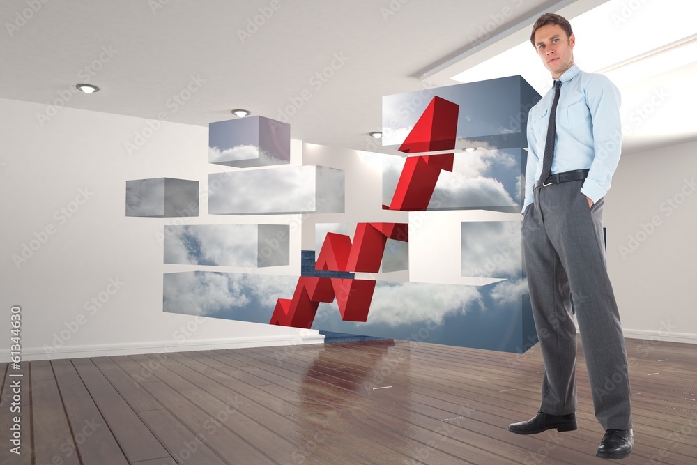 Poster composite image of serious businessman standing with hands in