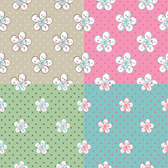 Flowers Apple or cherry,polka dot.Set of seamless pattern