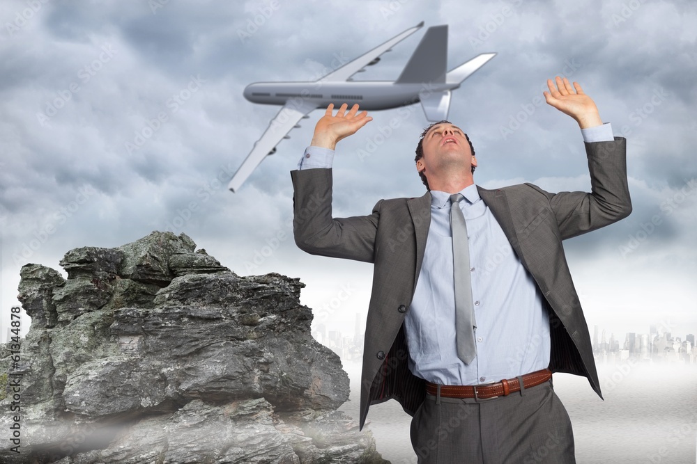 Poster composite image of businessman standing with arms pressing up