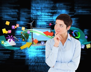 Composite image of thoughtful businesswoman with hand on her