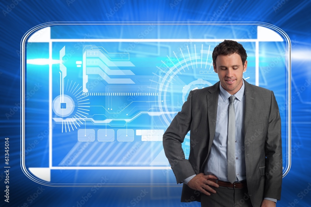 Poster composite image of smiling businessman with hand on hip