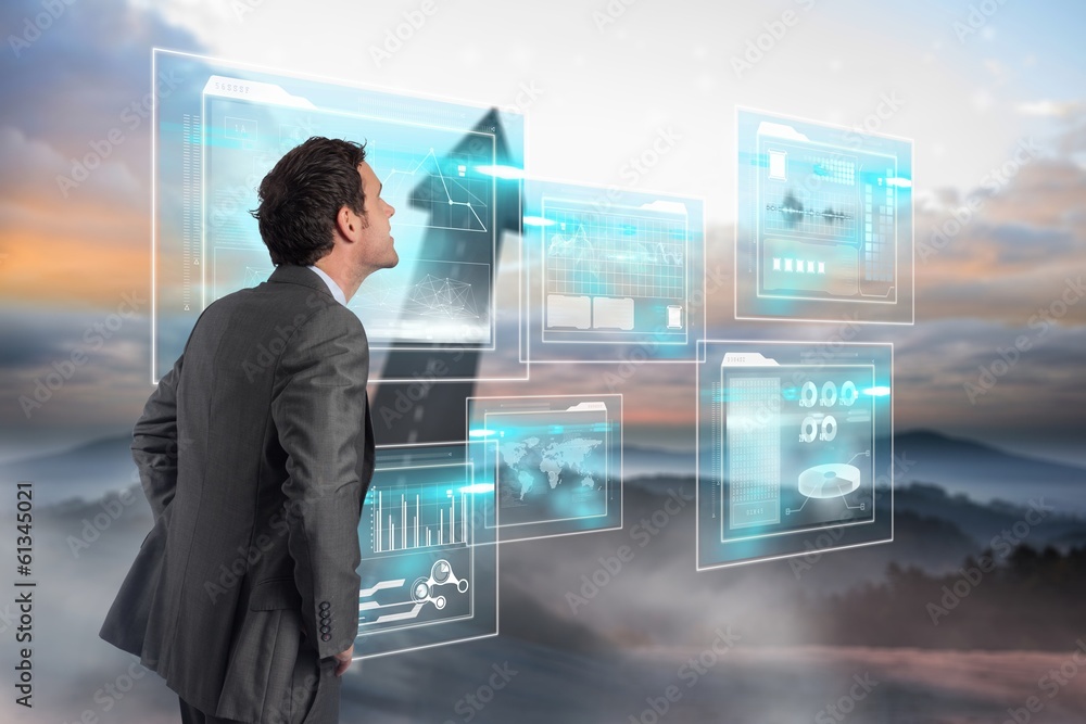 Poster Composite image of smiling businessman with hands on hips