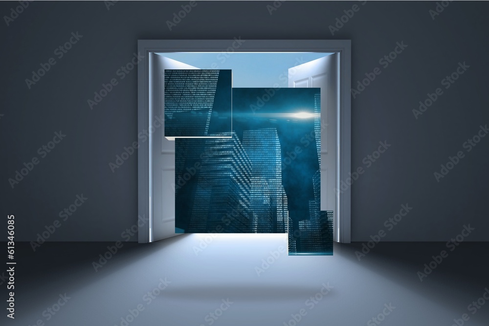 Poster composite image of cityscape graphic on abstract screen